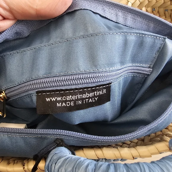 Caterina Bertini Fringe Straw Mini Tote Blue Made In Italy - Picture 11 of 17